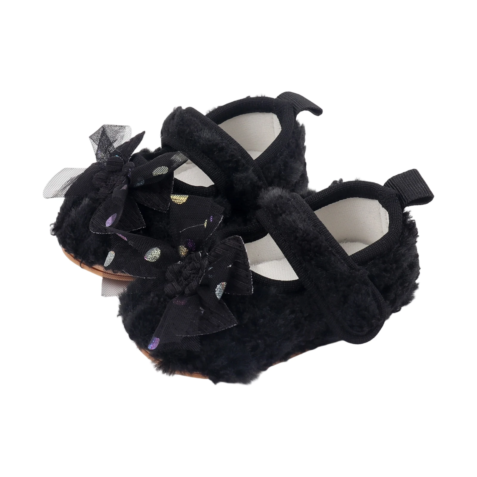 Chaussons bébé fille tissu peluche nœuds tulle Velcro confort intérieur style élégant