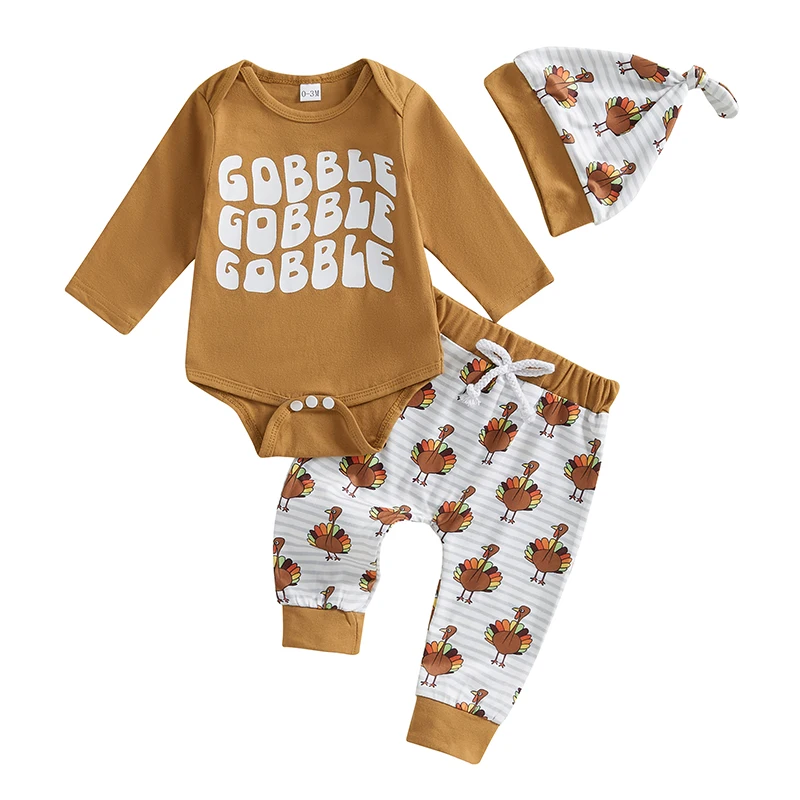 Ensemble Thanksgiving bébé garçon pantalon dinde imprimé barboteuse manches longues chapeau assorti fête autom