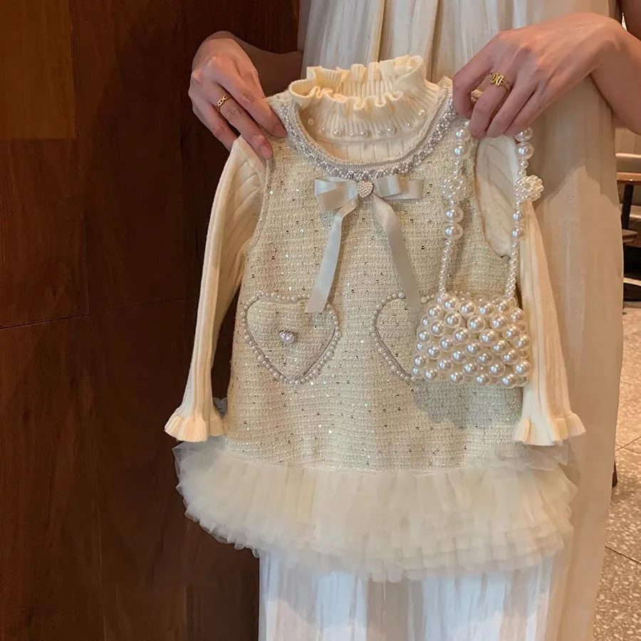 Robe d'anniversaire fille 1 an gilet fleurs 3D printemps automne beige