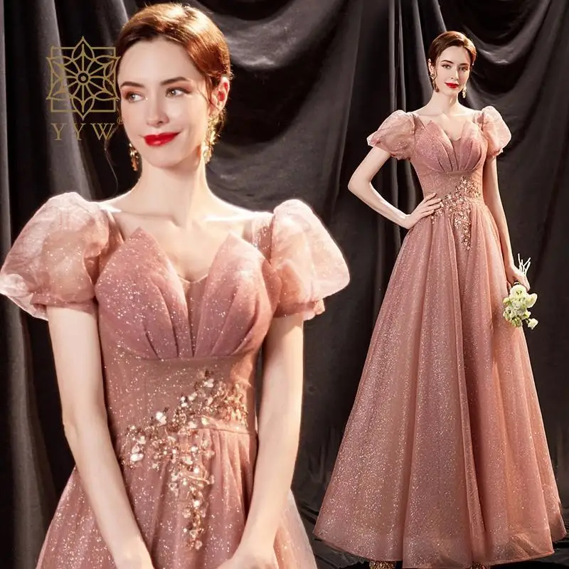 Robe de Soirée Formelle pour Femme Robe Classique Longue avec Manches Bouffantes Broderie Fleurs Arabes Matièr