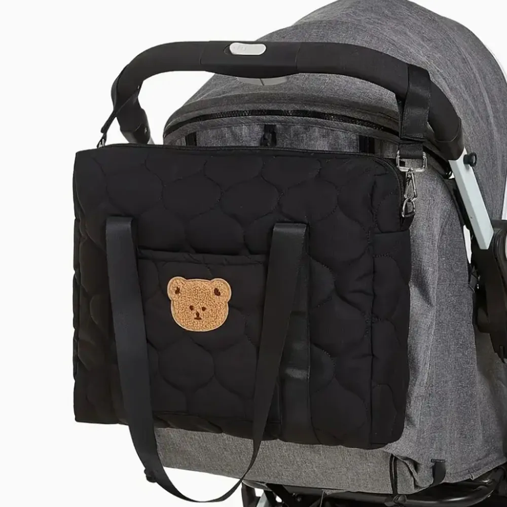 Sac à langer style ours matelassé sac de change portable poussette organizer adorables pour maman noir