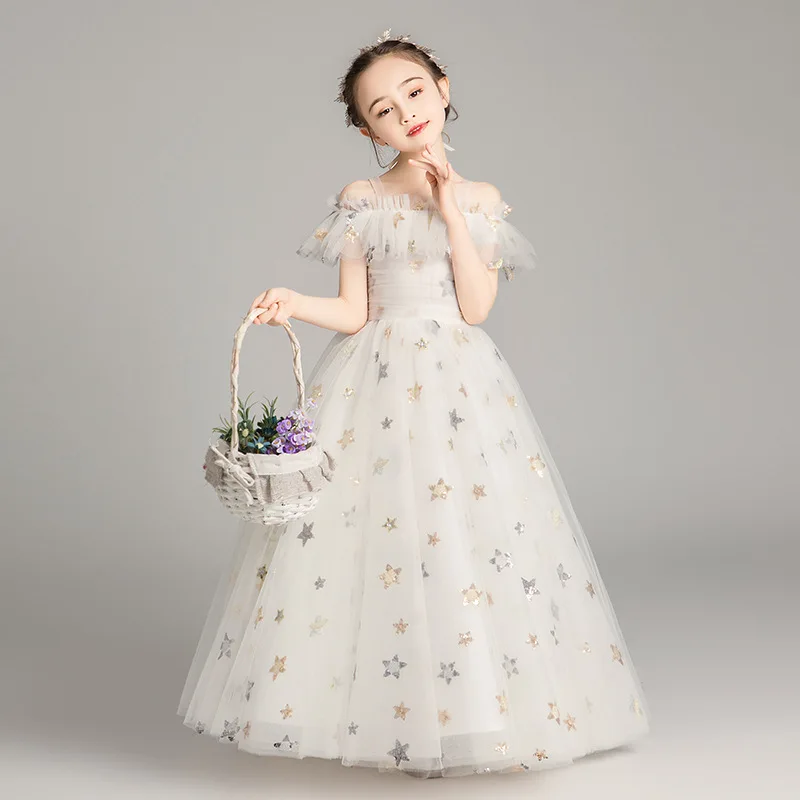Robe de luxe pour filles 312 ans tenue de soirée blanche étoile motif floral longue polyester confortable qual
