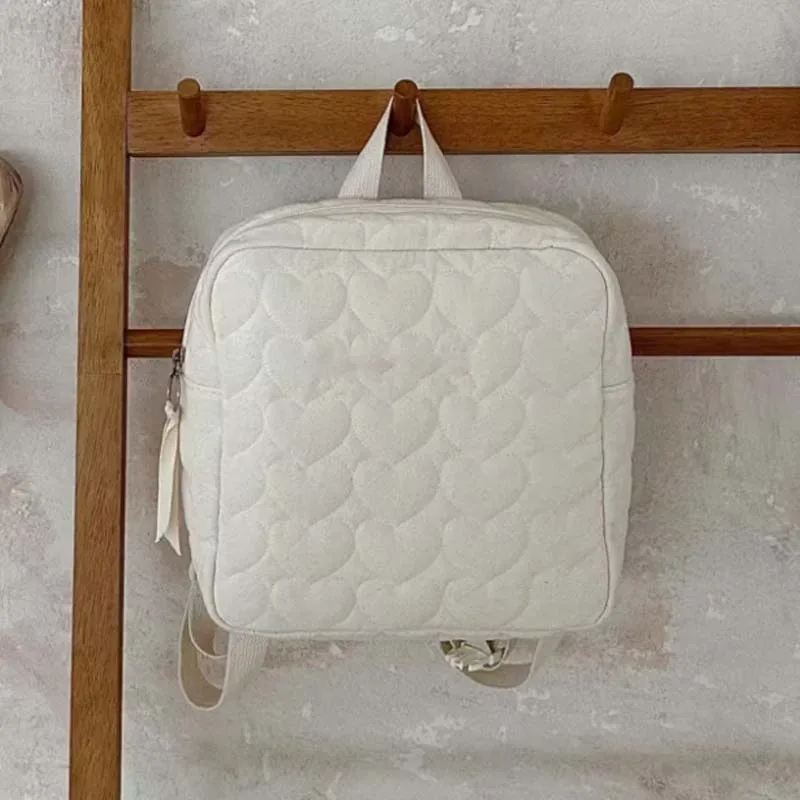 Sac à dos matelassé en coton enfants style coréen motif cœur bretelles ajustables portable léger accessoire bé