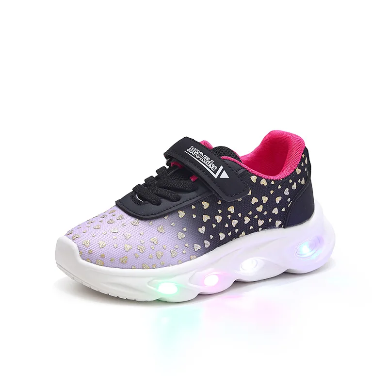 Chaussures enfants baskets LED lumineuses violet dégradé cœurs dorés semelle antiglisse fermeture velcro 46 an