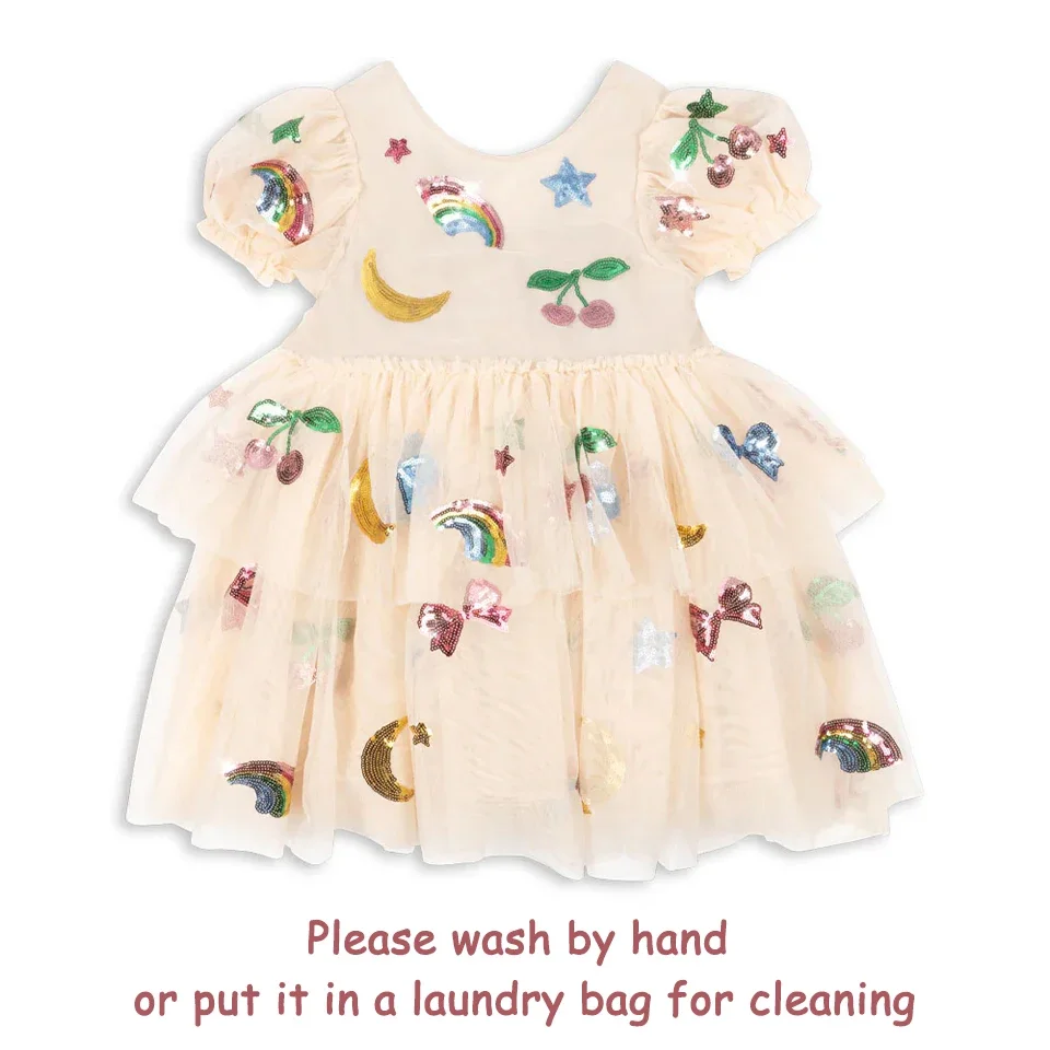 Robe de princesse pour filles fêtes carnaval motifs colorés sequins style évasé manches courtes robe longueur 