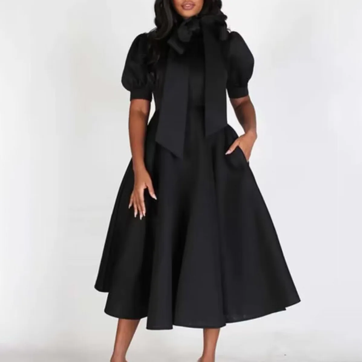 Robe de Soirée Élégante pour Femme et Bébé Col à Nœuds Manches Courtes Taille Haute Plissée Mimollet Luxe Noir