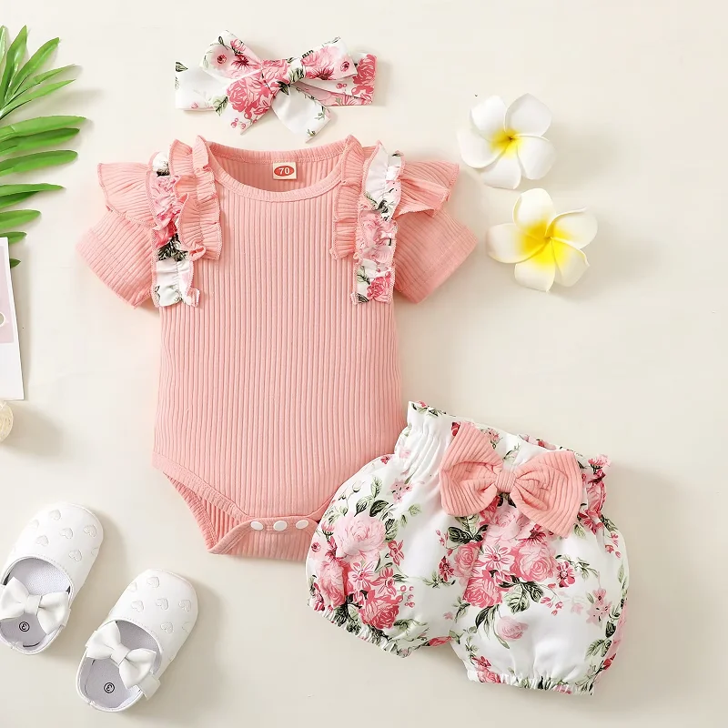 Ensemble vêtements bébé fille body manches courtes short floral accessoires assortis rose pâle 01 ans coton co