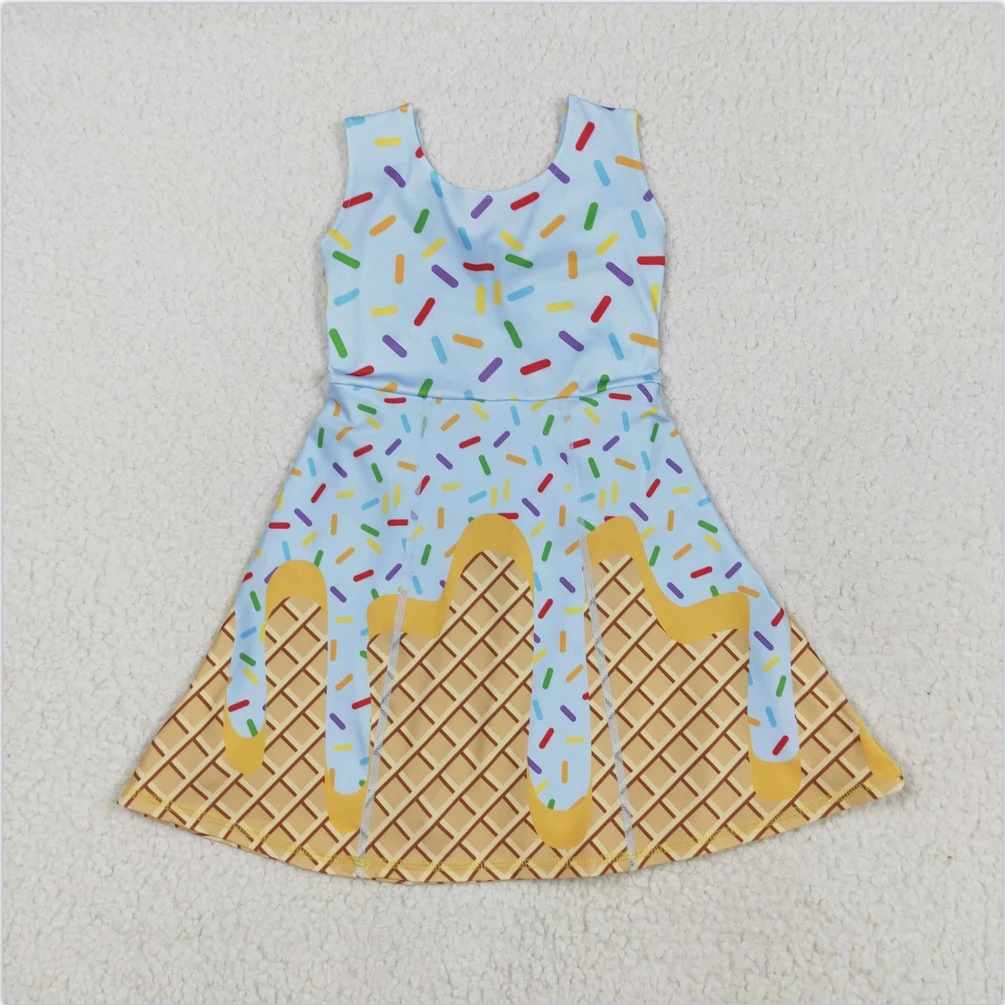 Robe enfant fille été motifs gâteau sucré style festif robe gaufre bleu clair manches courtes sans fermeture v