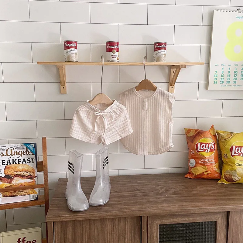 Ensemble bébé été 2024 tshirt short coton style décontracté beige uni