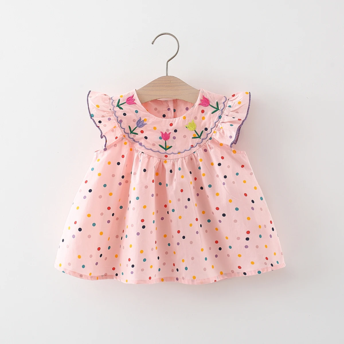 Robe bébé en coton brodée fleurs pois multicolores puffed sleeves été fille confortable