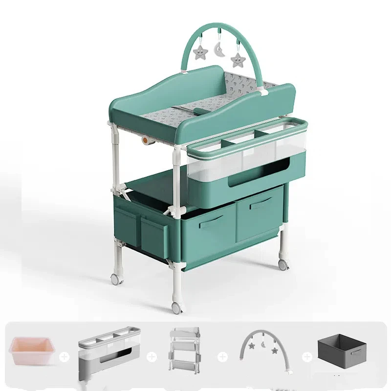 Bassinet bébé portable moderne avec tiroirs matelas rembourré jouets suspendus et rangement intégré design épu