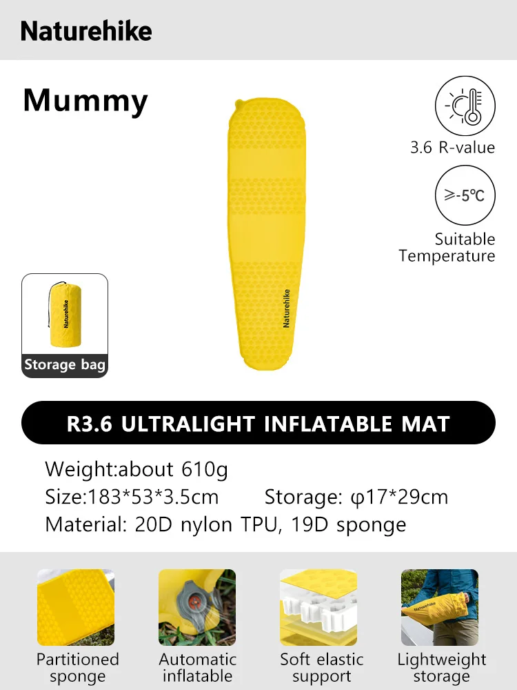 Naturehike matelas pneumatique autogonflable camping portable ultraléger tapis d'air coussin de couchage jaune