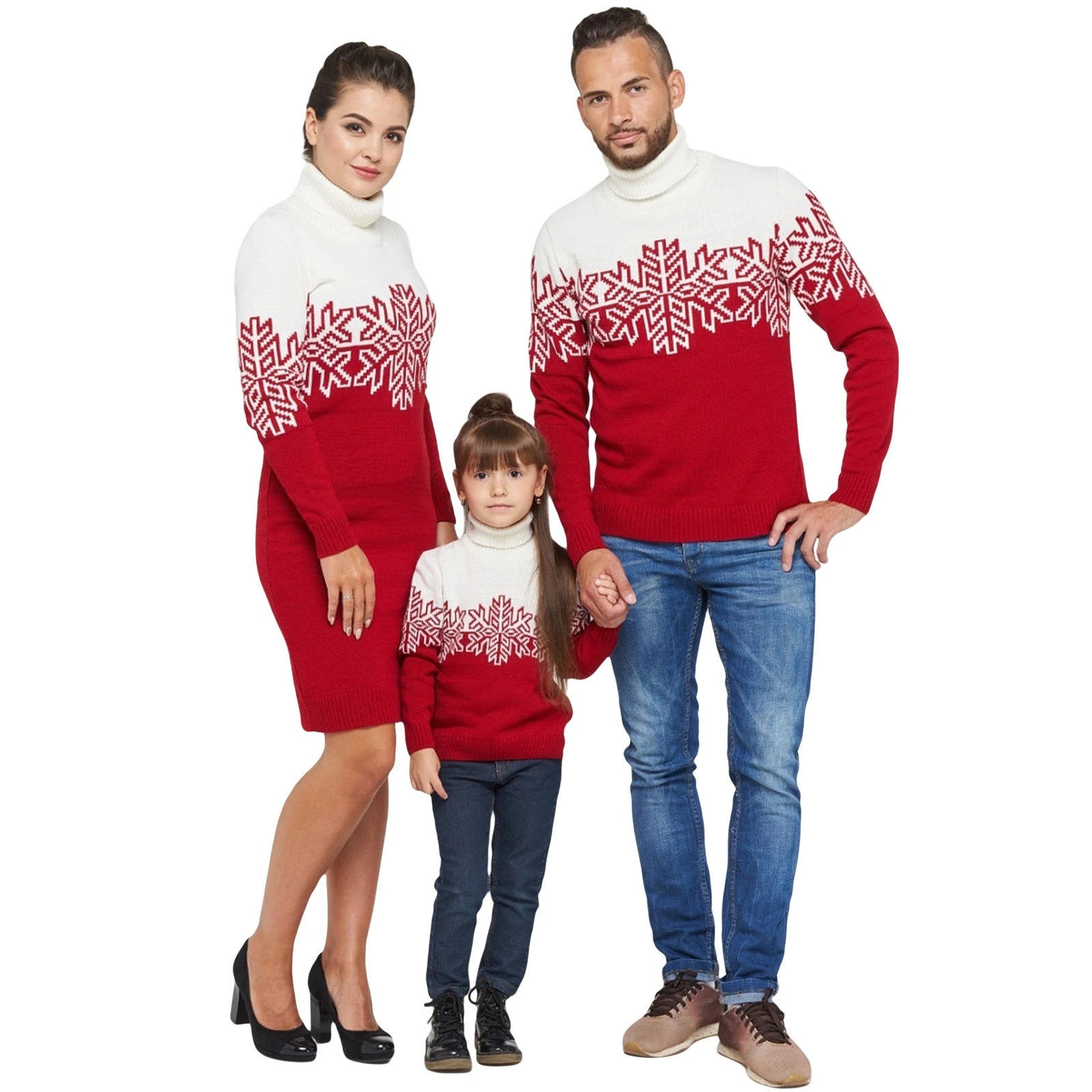 Pull de Noël assorti famille flocons neige col roulé manches longues en acrylique doux chaud cadeau fête hiver