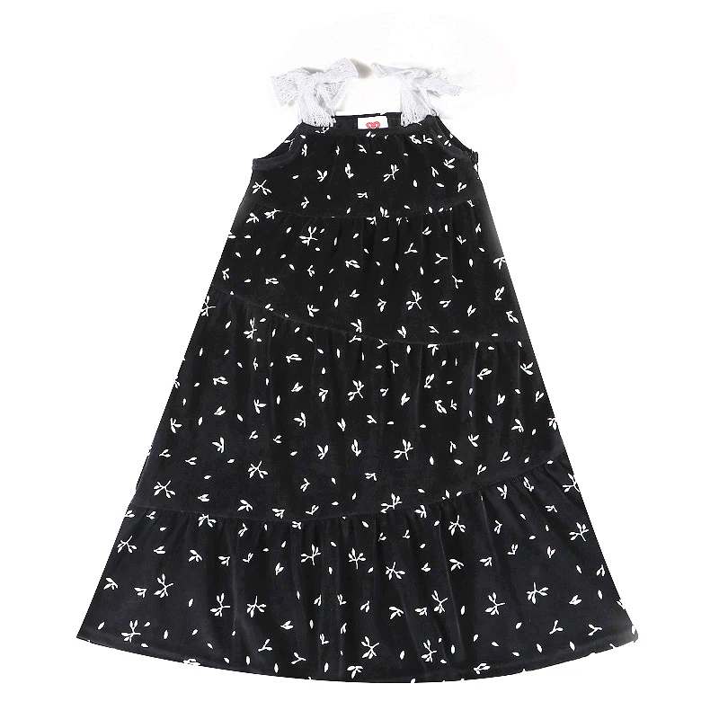 Robe maxi en dentelle pour fille en bas âge, robe en velours noir, jupe à bretelles, hiver, 3T-20T - Black max