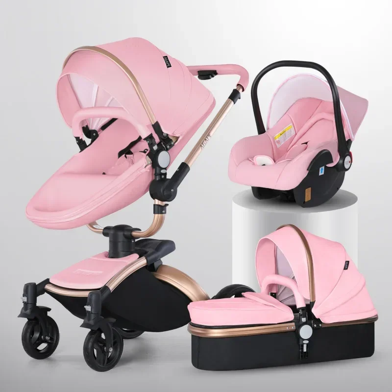Poussette bébé modulable 3 en 1 landau bidirectionnel en cuir PU pliable amorti chocs coquille d'œuf 2 en 1 Ro