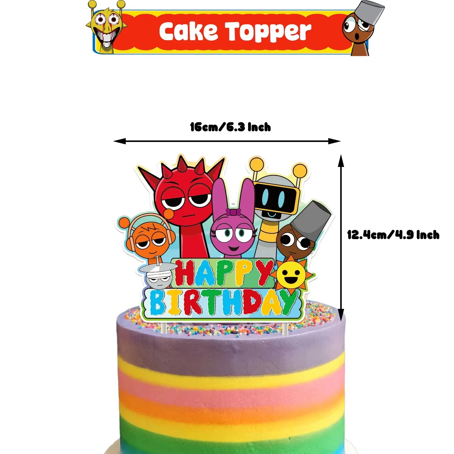 Cake topper anniversaire enfants design cartoon coloré personnages amusants 16cm x 12.4cm fêtes d'anniversaire