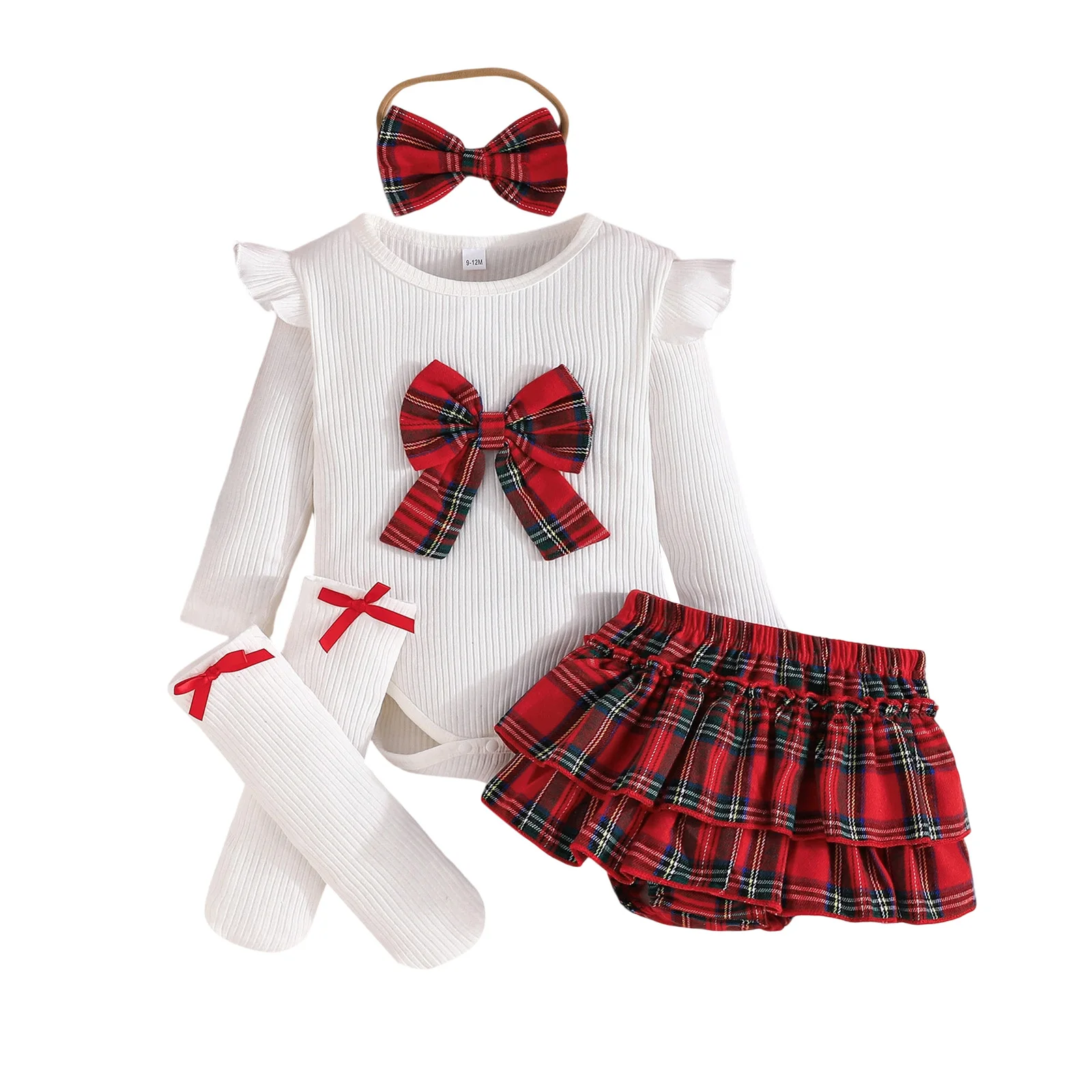 Tenue Noël bébé fille ensemble bodysuit manches longues jupe carreaux chaussettes accessoires coordonnés cadea