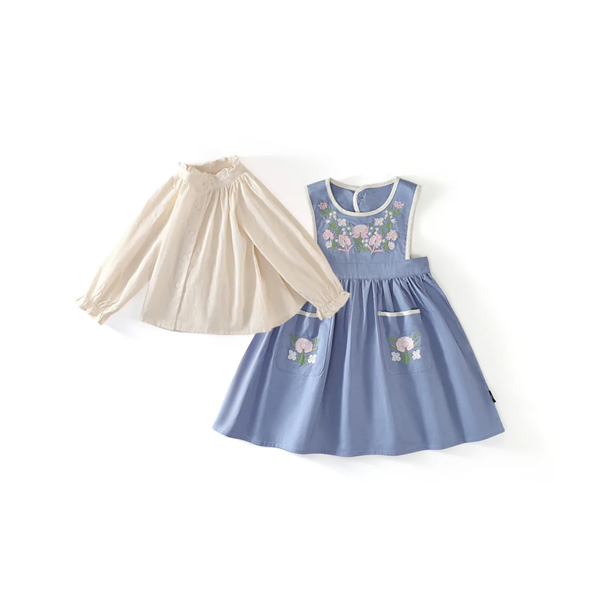 Robe de princesse pour filles 2 ans printemps automne style rétro français coton brodé deux pièces vestimentai