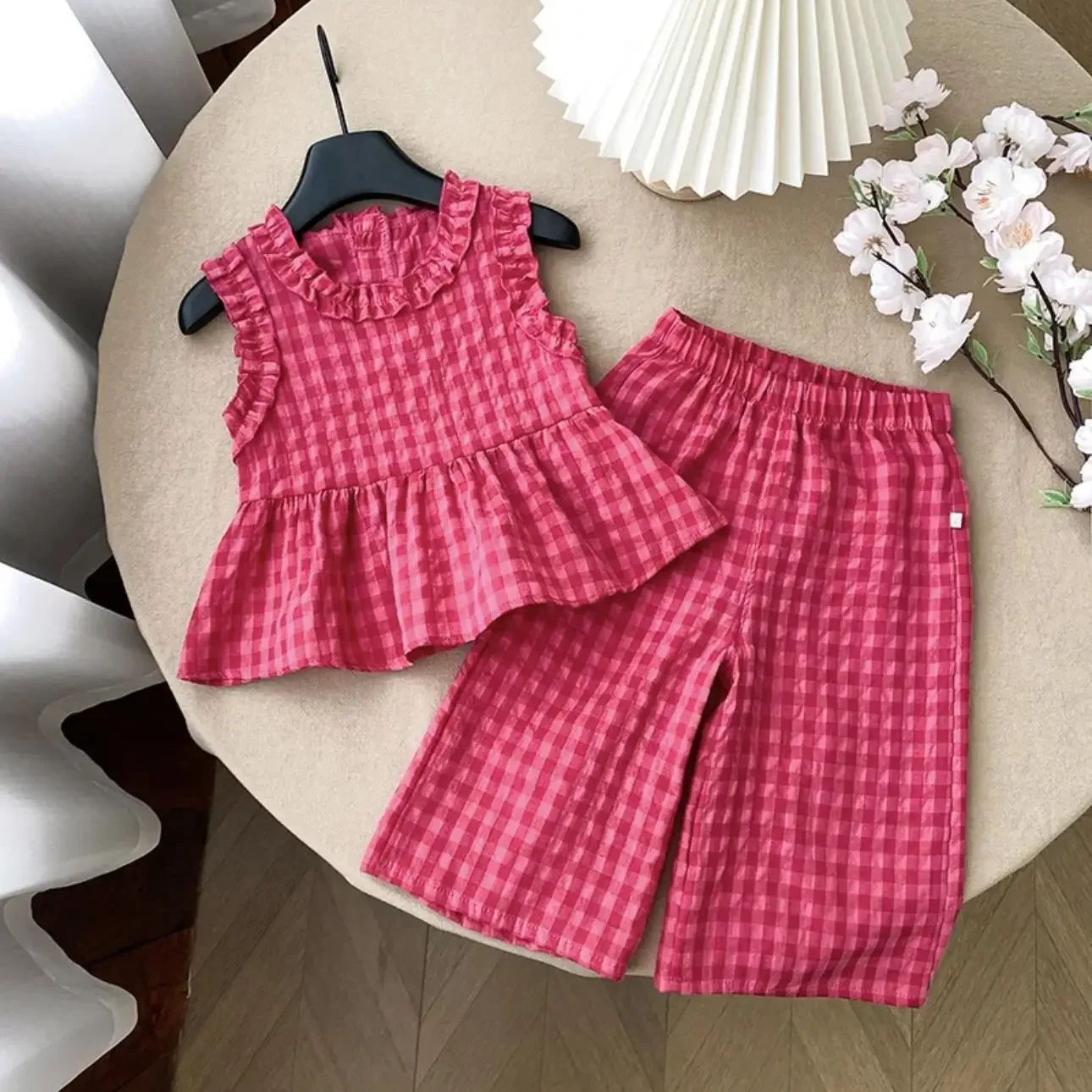 Ensemble enfants chemise sans manches carreaux rétro pantalon Palazzo 2
