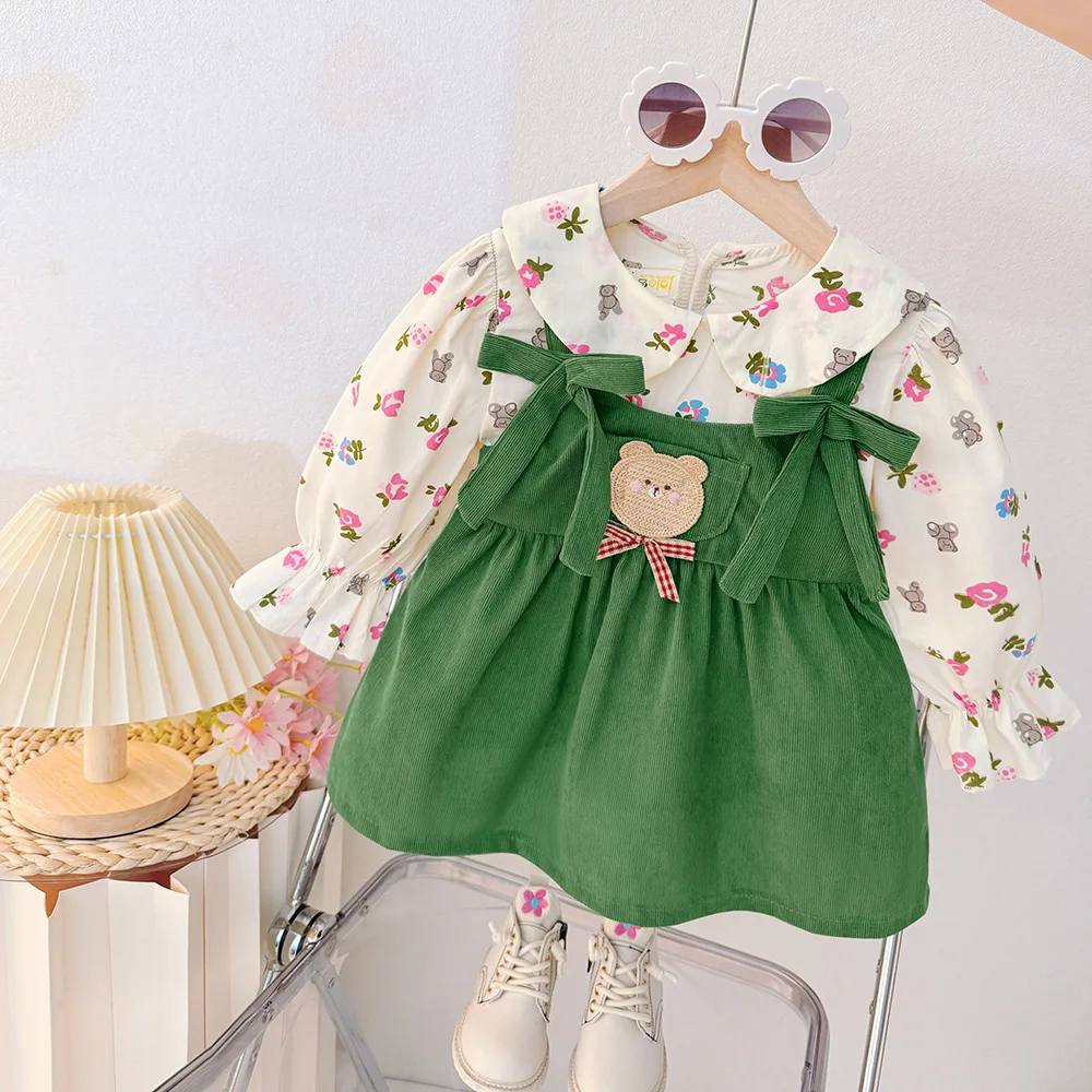 Robe bébé fille automne deux pièces floral ours manches longues accessoires inclis vêtements décontractés sort