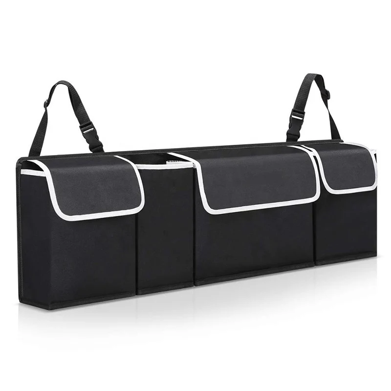 Organisateur de coffre siège arrière voiture rangement tissu Oxford noir 3 compartiments fixation straps range