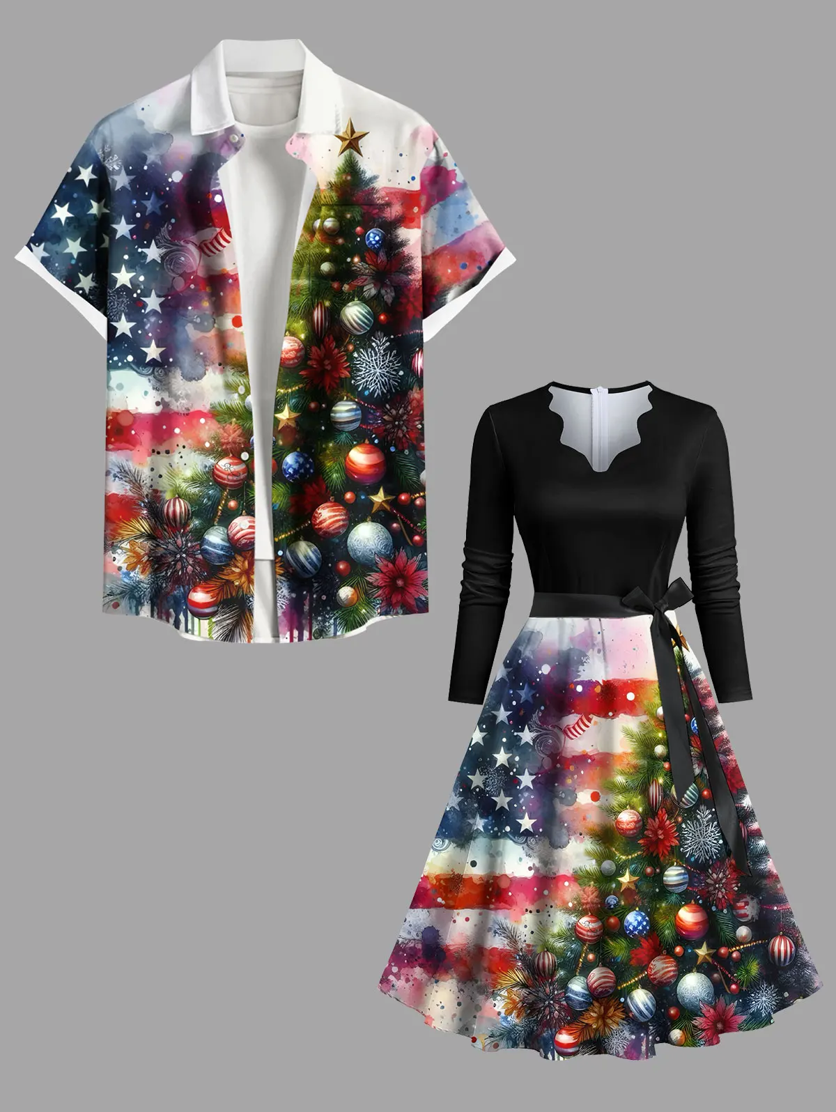 Ensemble de costumes de Noël assortis pour couples, boule d'arbre de Noël, drapeau patriotique, éclaboussures