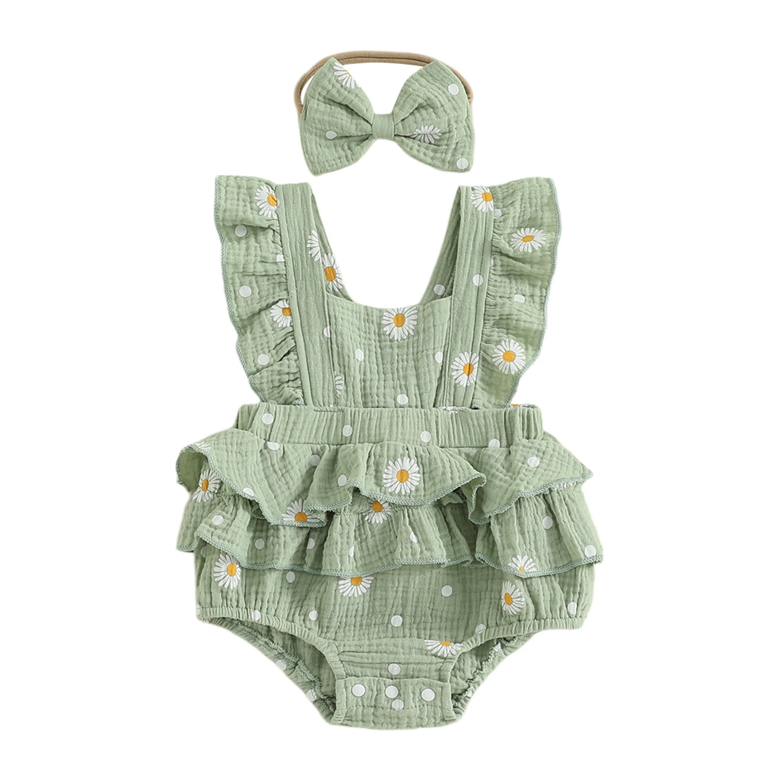 Robe barboteuse fille imprimé marguerite coton doux combinaison sans manches bandeau à nœud vêtement bébé fill