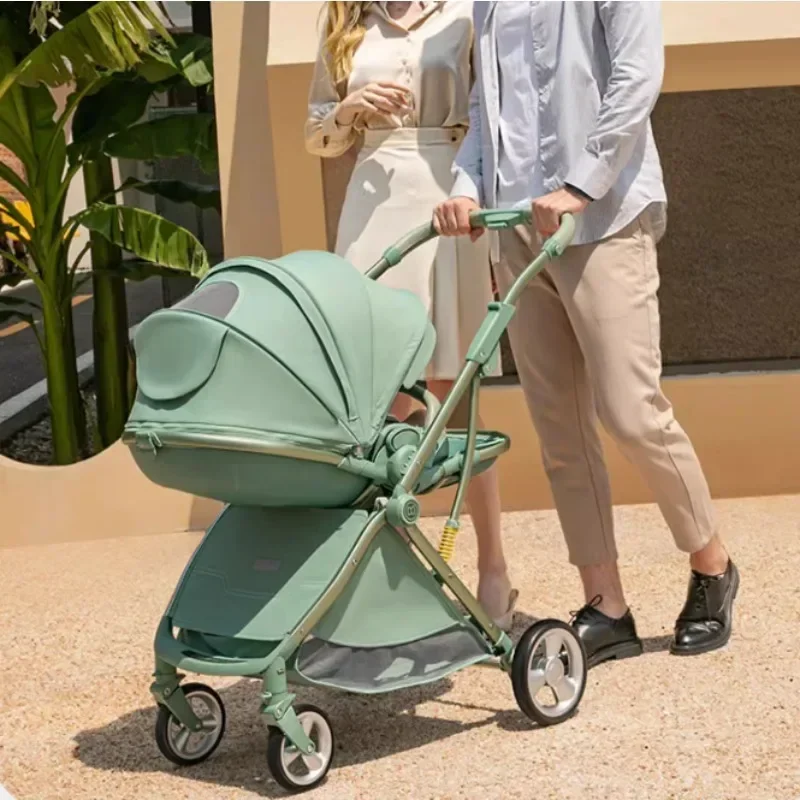 Poussette bébé pliable portable bidirectionnelle haute vue légère dossier réglable 4 roues amorti sac à langer