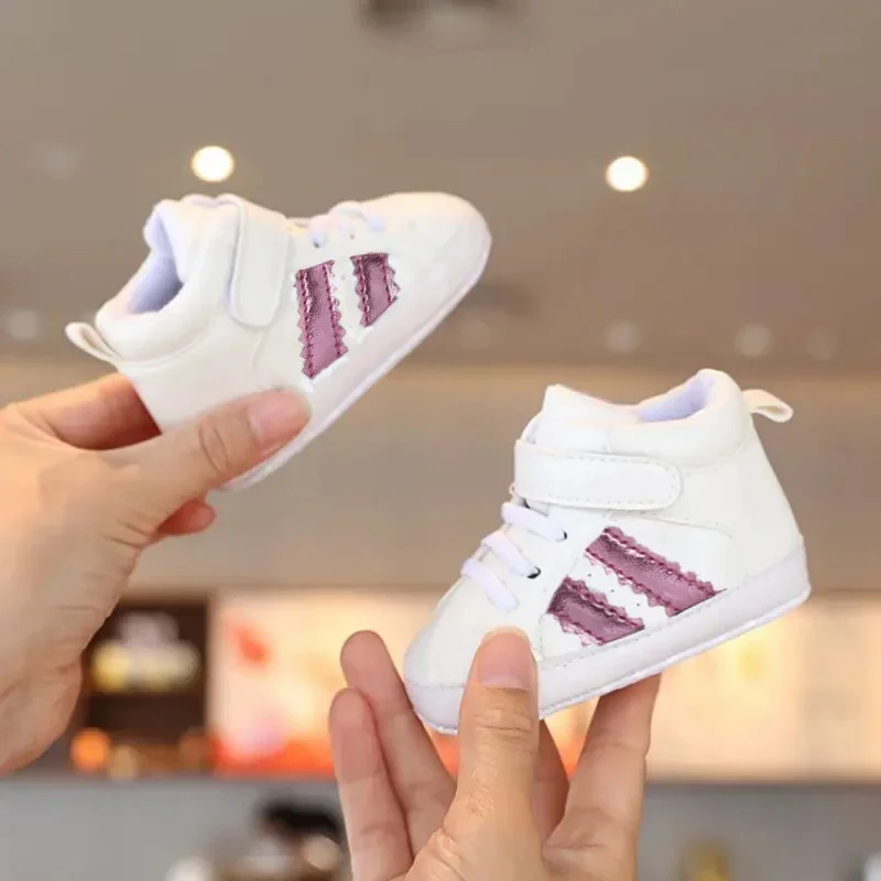Chaussures bébé garçon 018M Adidas style sportif confort coton antiglisse lacets scratch blanc rose bébé premi