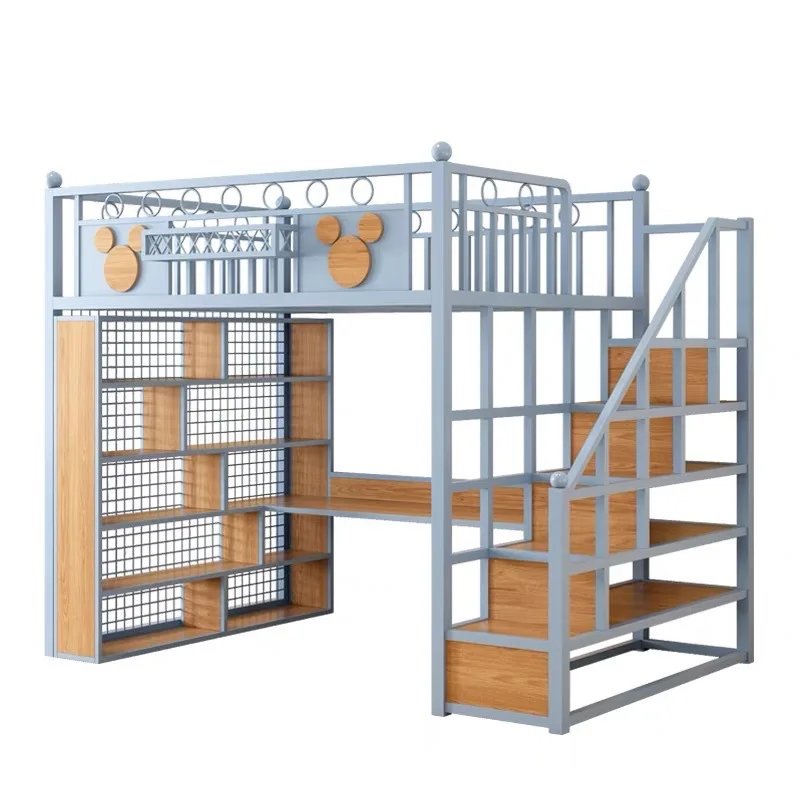 Lit mezzanine pour enfants avec échelle et rangements design moderne en métal et bois bleu clair sécuritaire e