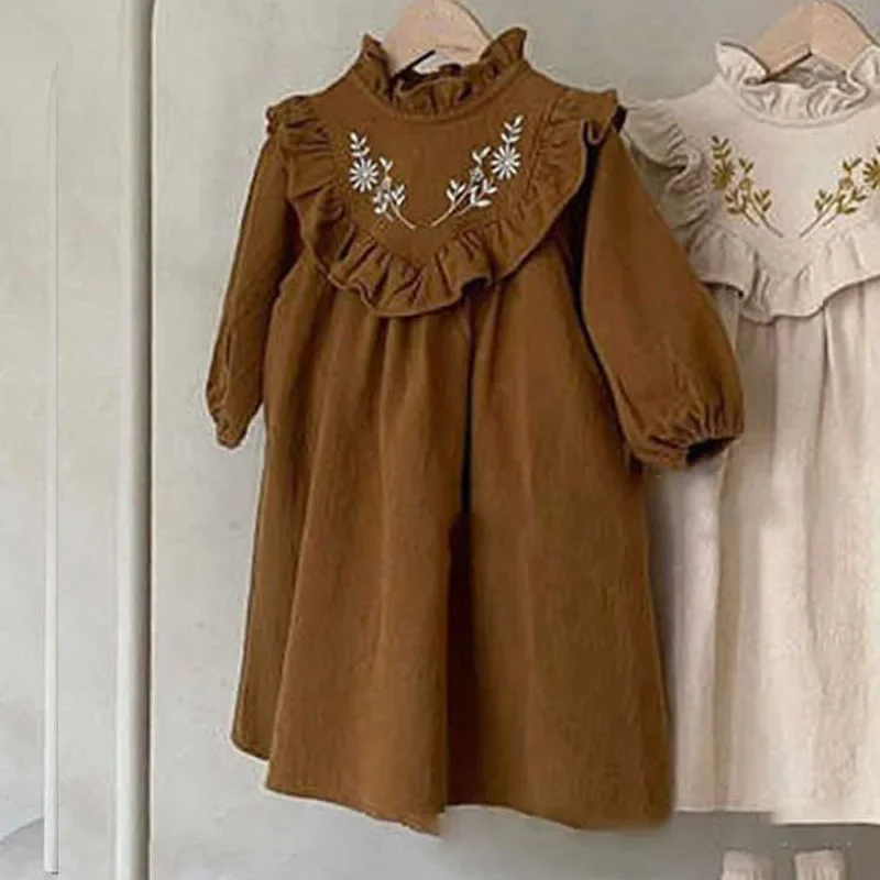 Robe enfants manches longues broderie florale col roulé coton doux