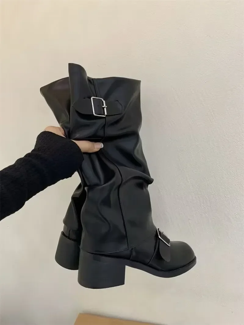 Bottes hautes plissées talon épais style punk gothique New Rock cuir mode chaussures moto femme tendance print