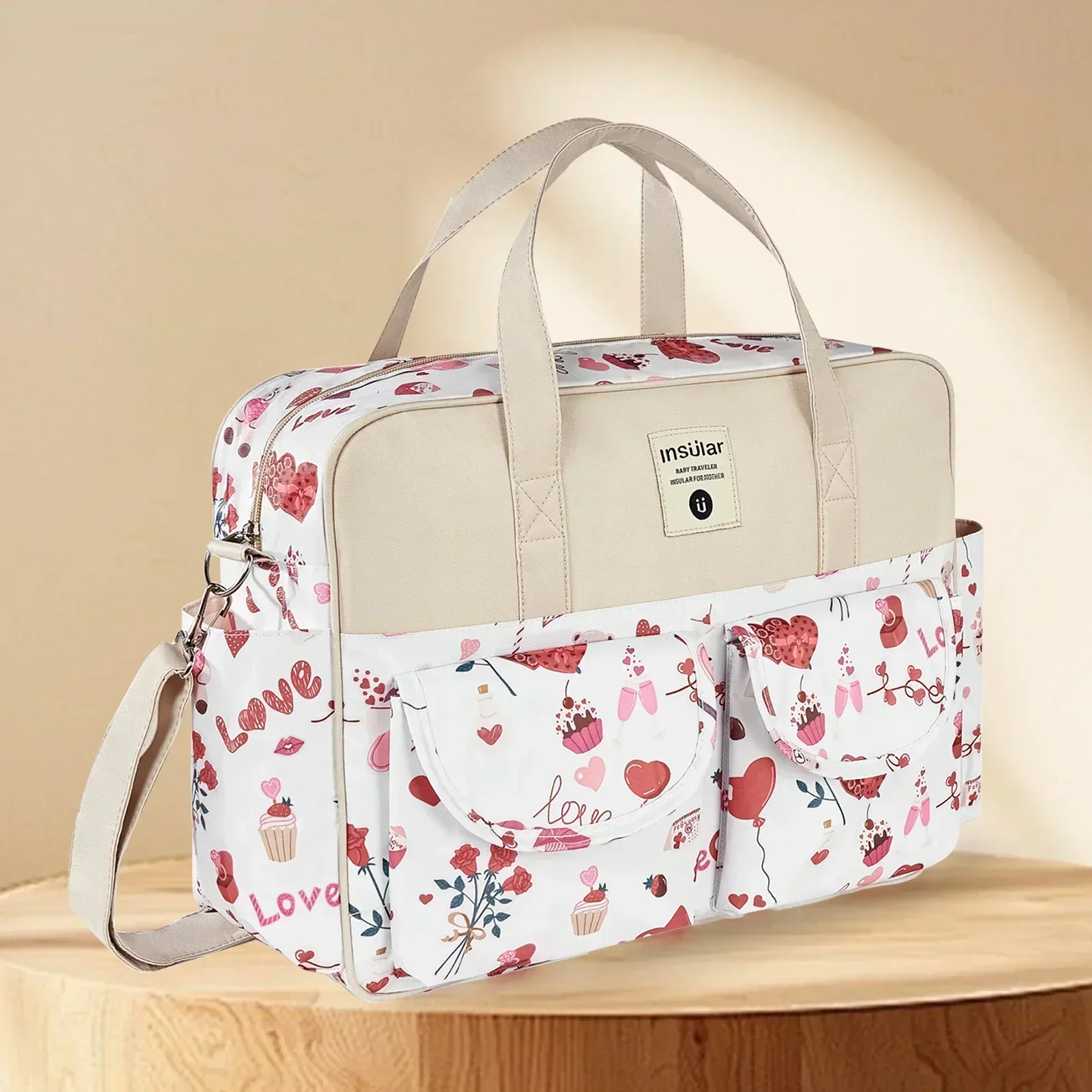 Sac à couches maman poussette grand compartiment étanche bandoulière ajustable motifs fleuris blanc rose sac d