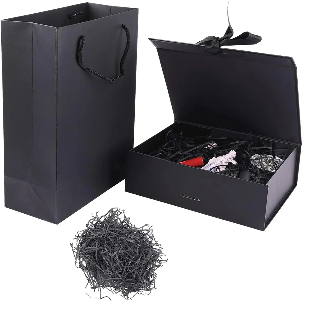 Coffret cadeau magnétique noir avec couvercle ruban sac en papier et remplissage pour emballage cadeau élégant