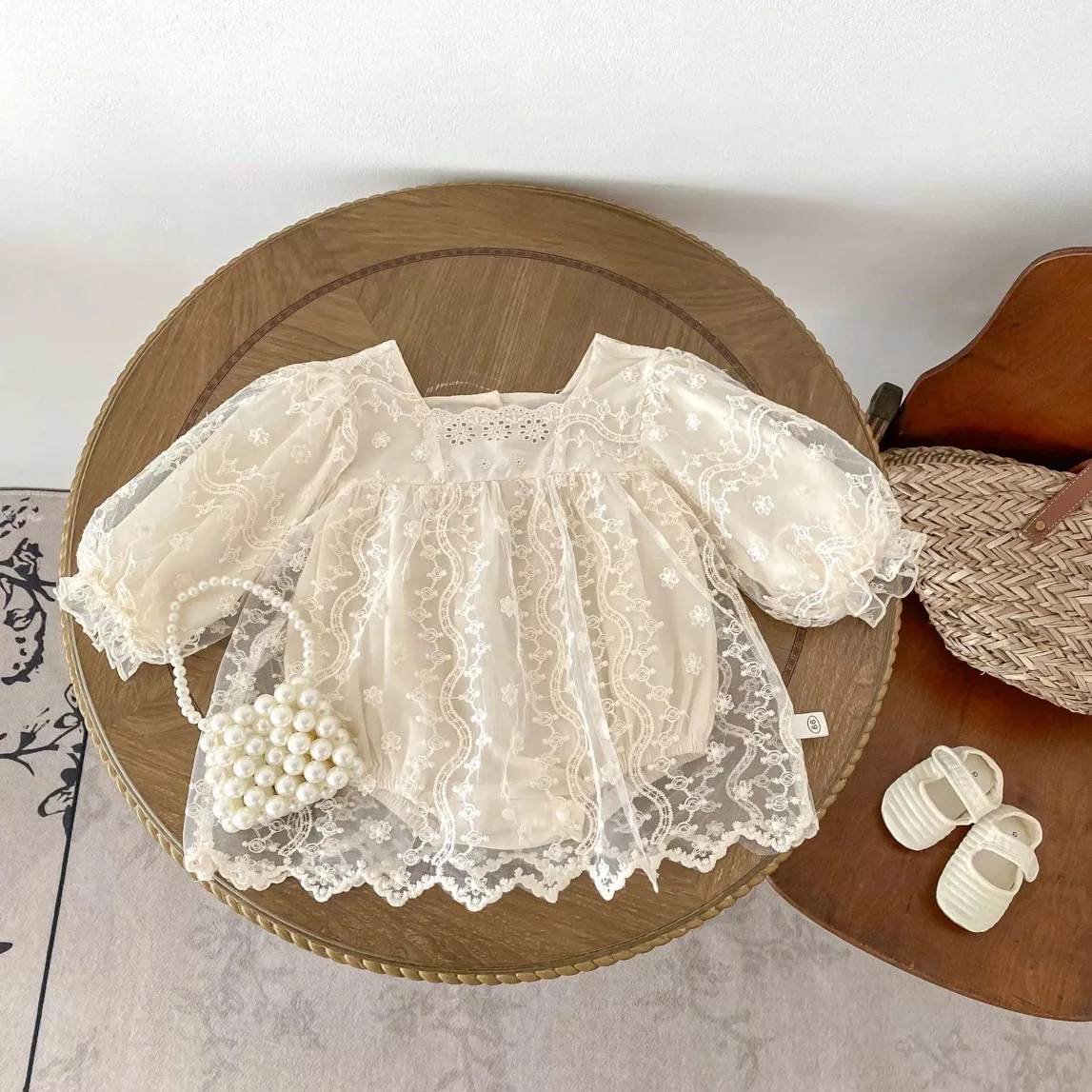Barboteuse manches longues brodée fleurs bébé fille robe princesse mignonne vêtements décoratifs 02 ans printe