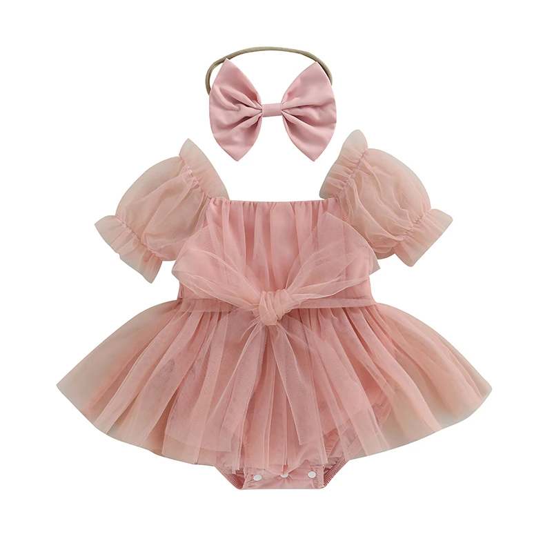 Barboteuse en tulle pour bébé fille robe à volants rose pâle manches