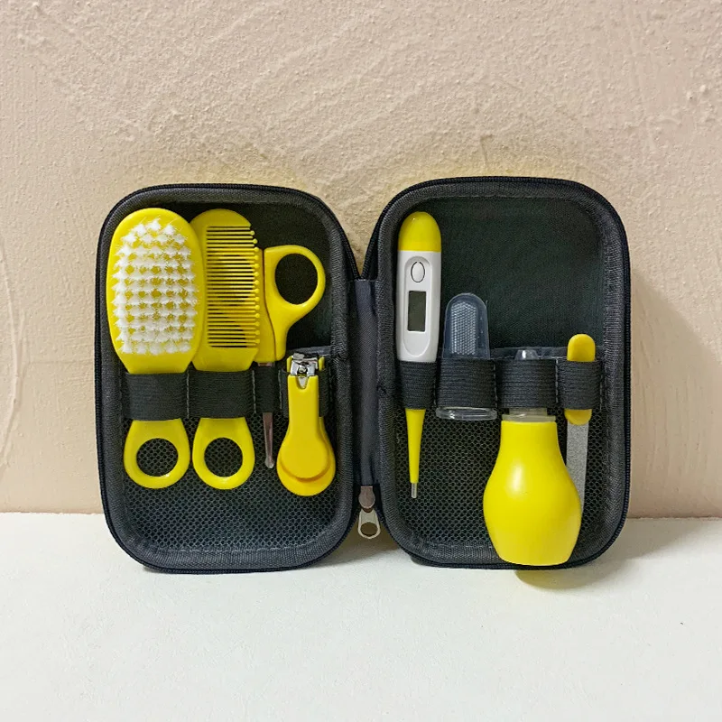 Kit soins bébé 8 pièces accessoires hygiène santé ongles cheveux thermomètre brosse compact design moderne cou