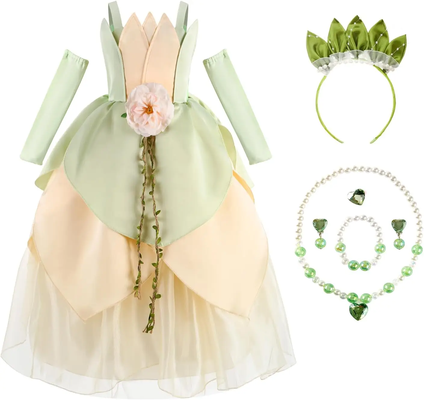 Costume princesse fée fille vert set robe satinée tulle accessoires anniversaire Halloween spectacle école qua