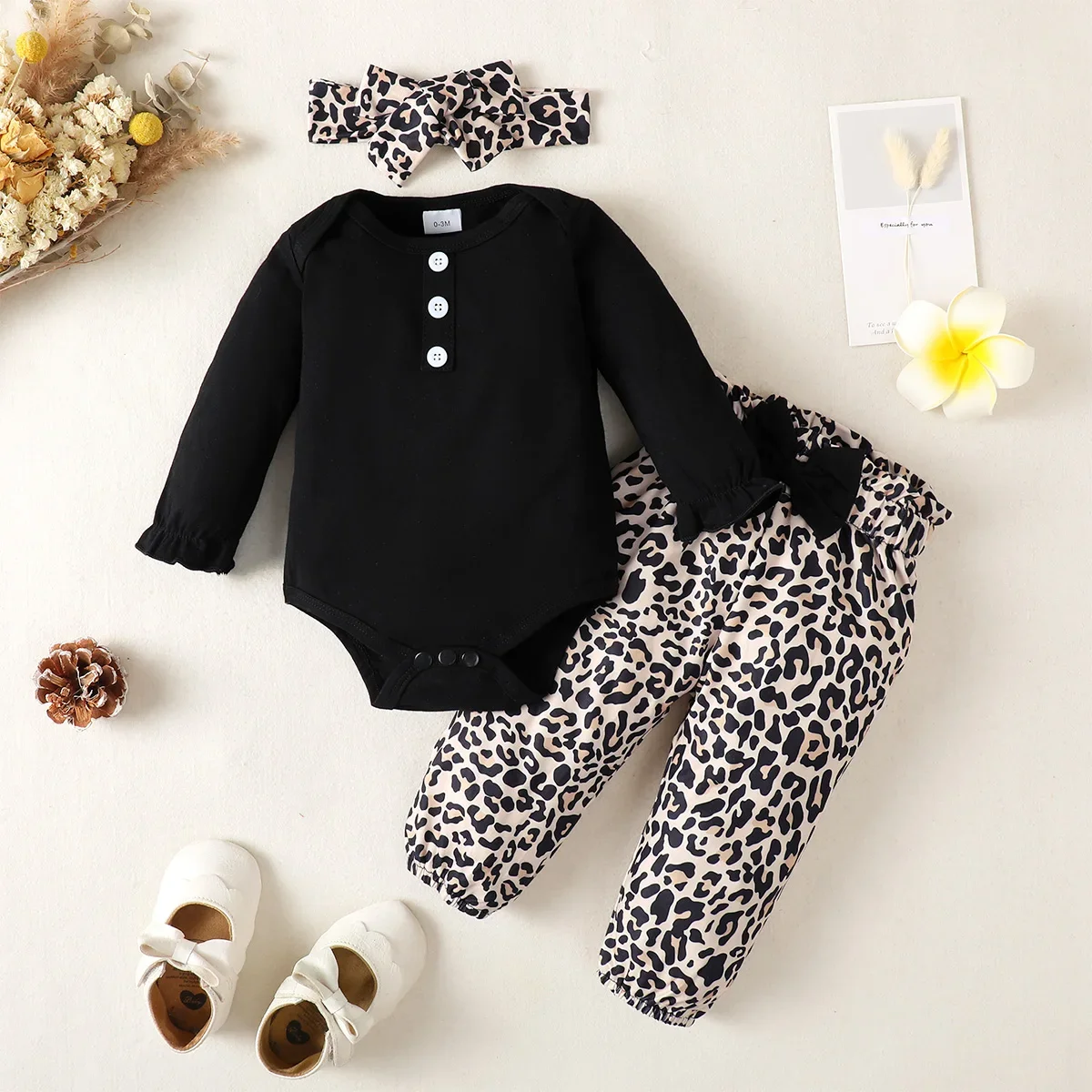 Ensemble vêtements bébé fille automne body coton pantalon motif léopard headband accessoires 3 pièces
