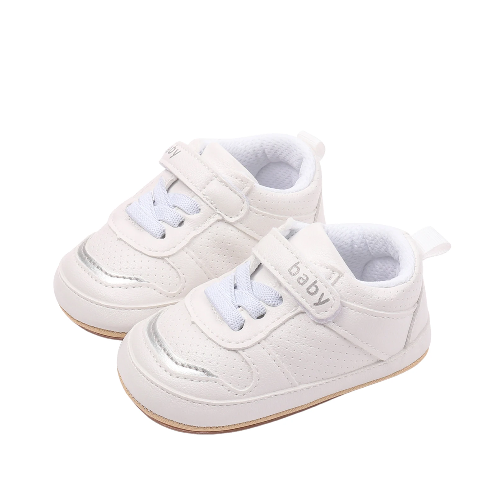 Baskets en simili cuir blanc pour bébés filles et garçons chaussures première marche antidérapantes à semelle 