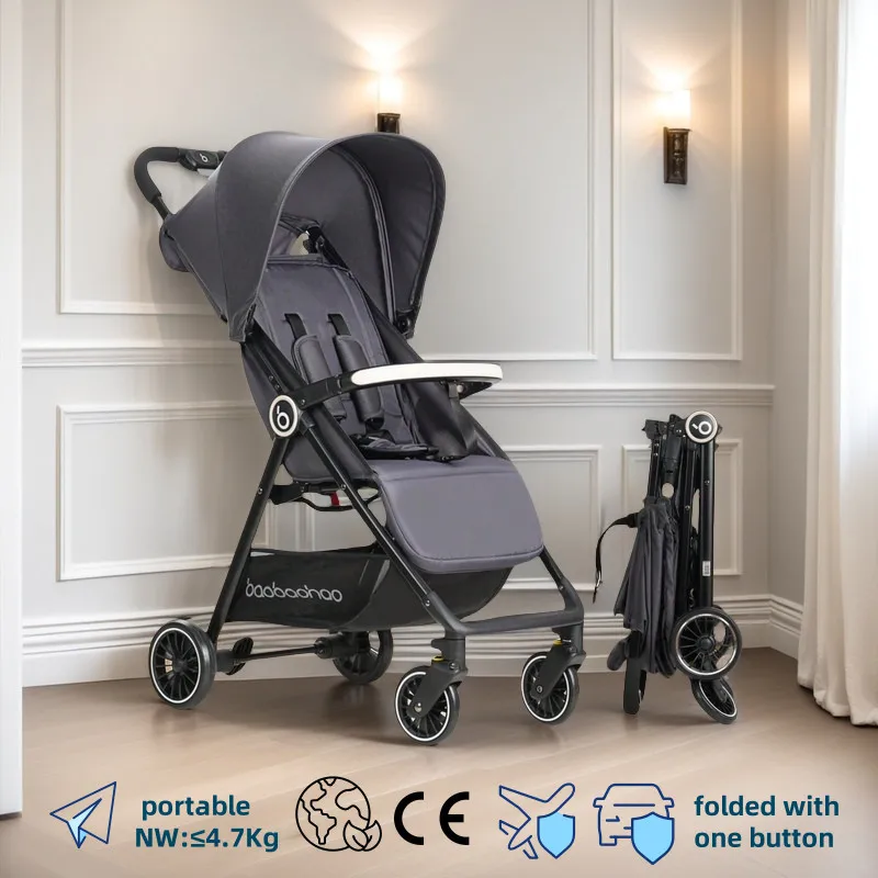 Poussette bébé légère pliable portable noire tissu doux design moderne facile rangement usage quotidien voyage