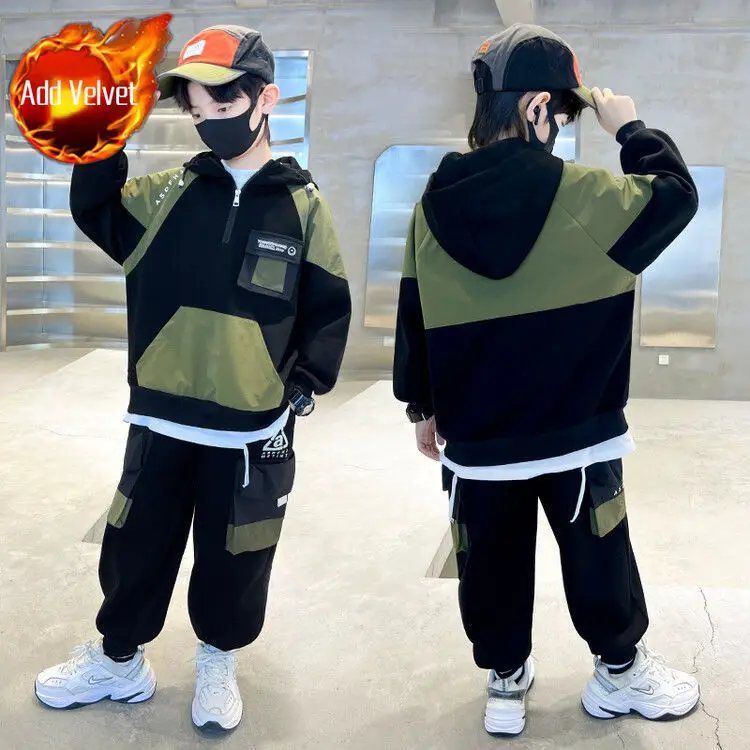 Ensemble survêtement garçon à capuche polaire doublée deux tons style urbain vêtements d'hiver confortables ac