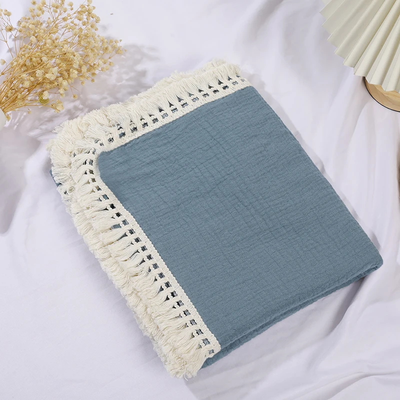 Couverture d'emmaillotage en mousseline de coton pour bébé couette de lit à franges douillette en coton bio bl
