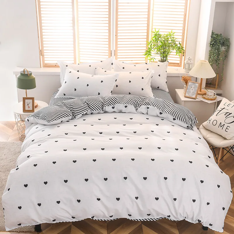 Parure de lit imprimée 3 pièces polyester doux housse de couette et taies d'oreiller style moderne cœur et ray