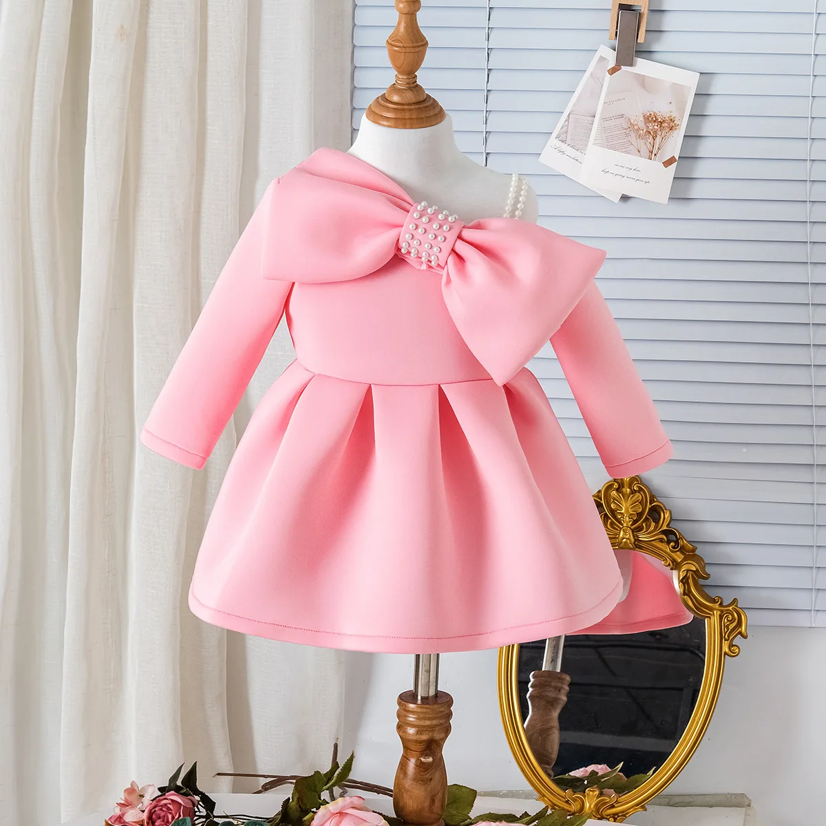 Robe princesse bébé fille nœud épaule manches longues vêtements fête anniversaire mariage polyester rose