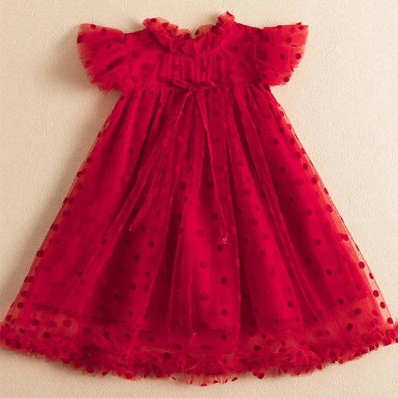 Robe d'anniversaire fille époque artistique style romantique manches bouffantes tissu doux polka dots rouge Al