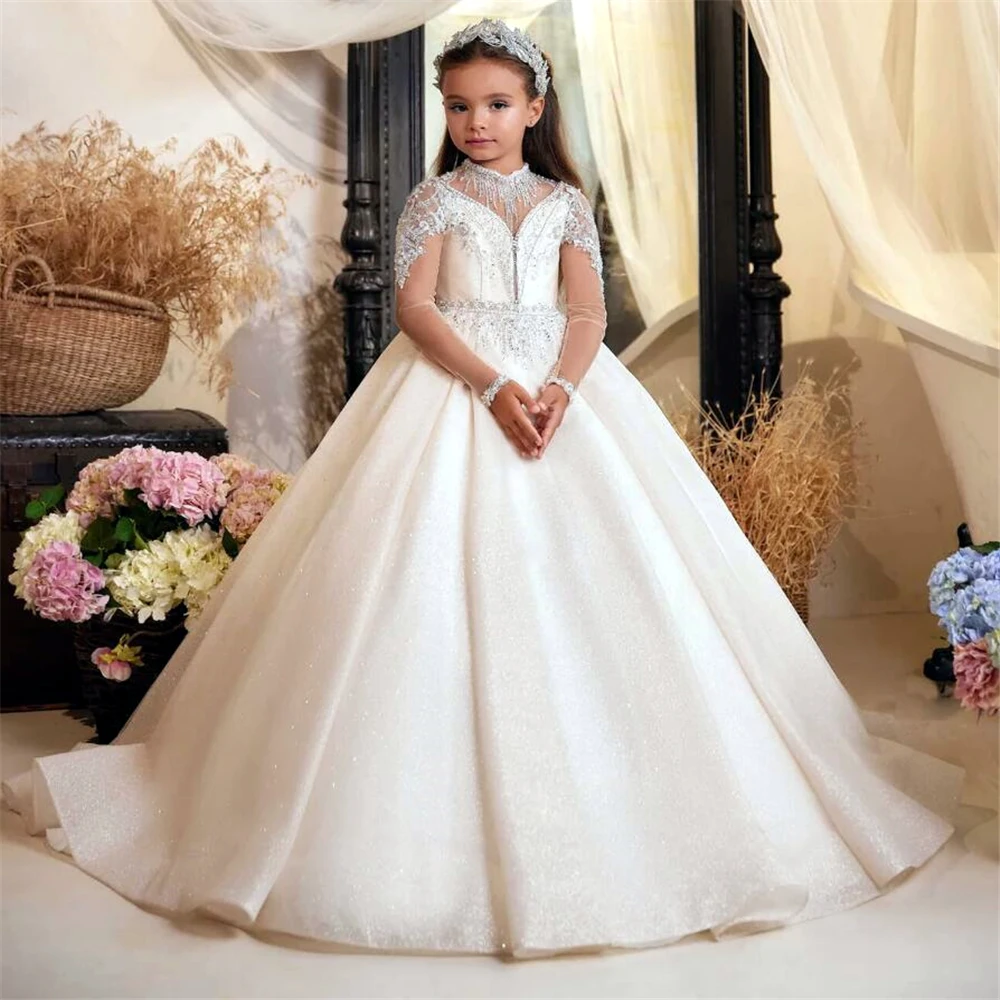 Robe à fleurs pour filles élégante brillante mariage dentelle paillettes perles manches longues cadeau anniver