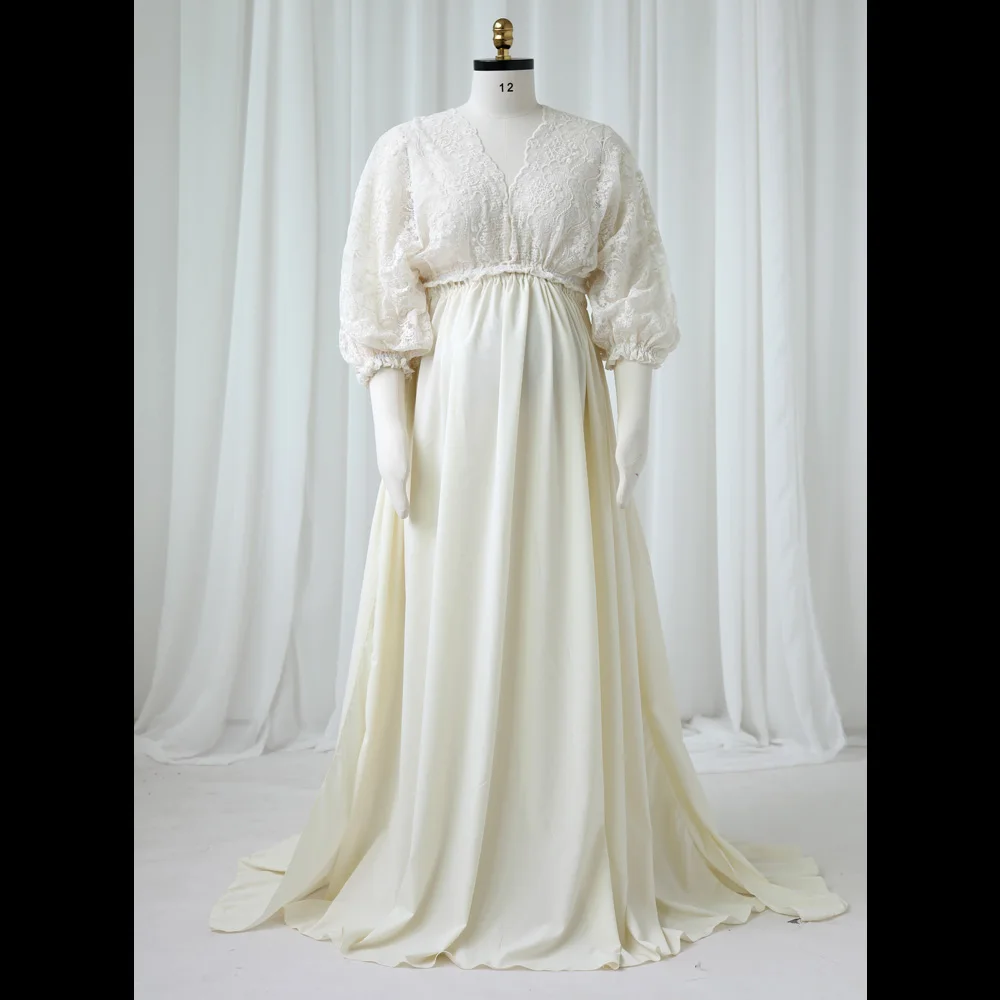 Robes de maternité pour Baby Showers, dentelle Beige, manches mi-longues, col en v, haut court, deux pièces, S