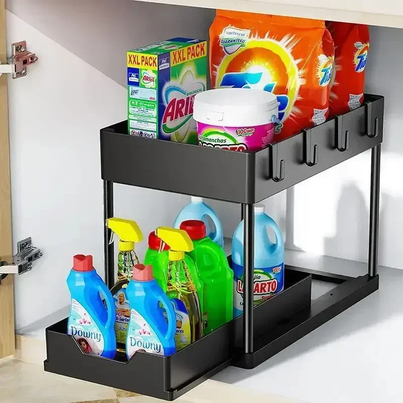 Organisateur sous évier 2 niveaux support de rangement plastique noir crochets inclus tasse suspendue rangemen