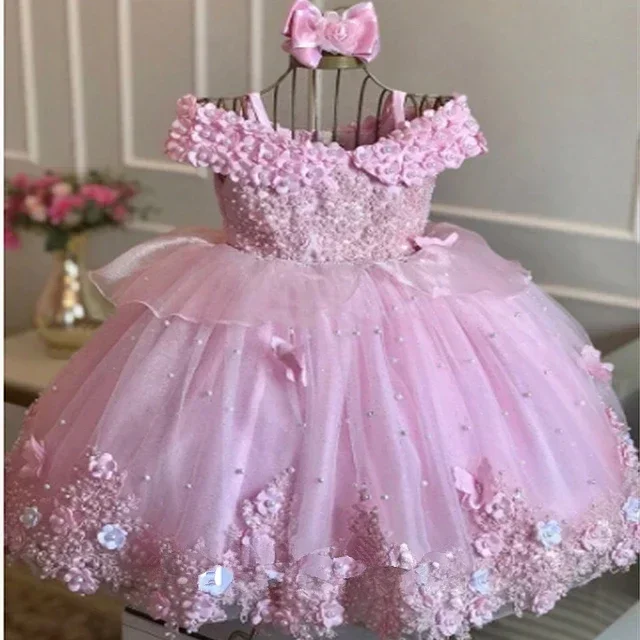 Robe princesse bébé fille tissu doux dentelle perlée fleurs rose pastel